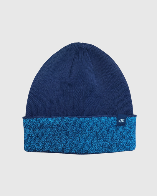 Navy The Essential Merino Marled Beanie (Front): Navy knit beanie with blue marled cuff and small woven logo patch