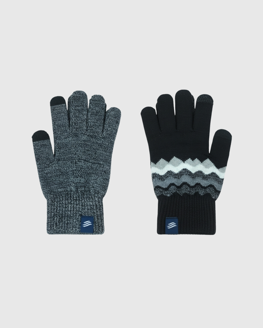 Black THE MERINO WOOL MOUNTAIN AND MARLED KNIT GLOVE 2 PACK (Flat-lay): Two knit gloves: heathered gray and black with zigzag stripe pattern