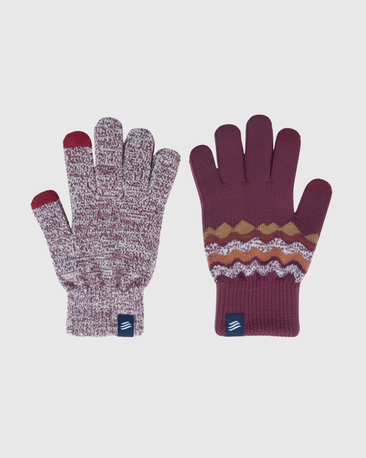 Burgundy THE MERINO WOOL MOUNTAIN AND MARLED KNIT GLOVE 2 PACK (Flat-lay): Two burgundy knit gloves showing marled and fair isle patterned designs side by side