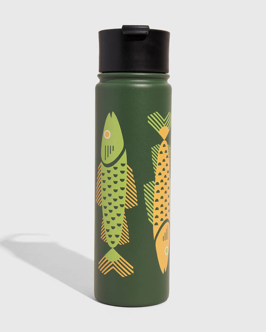 Pine - Fish Bottle - 22 Oz. Insulated Stainless Steel (Front): Dark green insulated bottle with geometric fish print, black flip-top lid