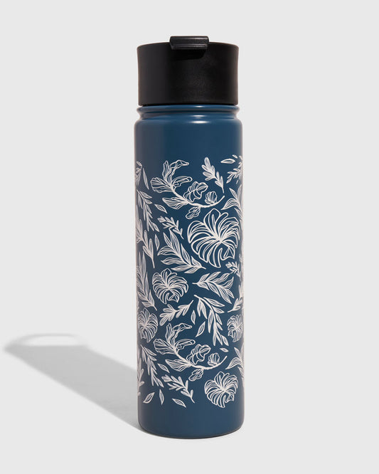 Rainstorm - Plants Bottle - 22 Oz. Insulated Stainless Steel (Front): Dark blue insulated bottle with white tropical leaf line-art pattern, black lid