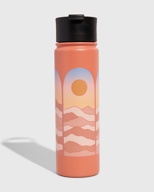 Sherbet - Sunrise Bottle - 22 Oz. Insulated Stainless Steel (Front): Coral insulated bottle with sunset arch graphic, black flip-top lid