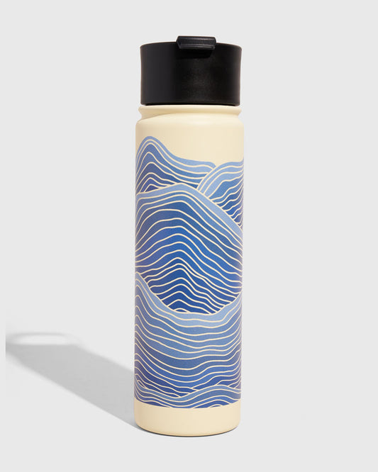 Eggshell - Waves Bottle - 22 Oz. Insulated Stainless Steel (Front): Tall cream insulated bottle with blue wave pattern and black flip lid