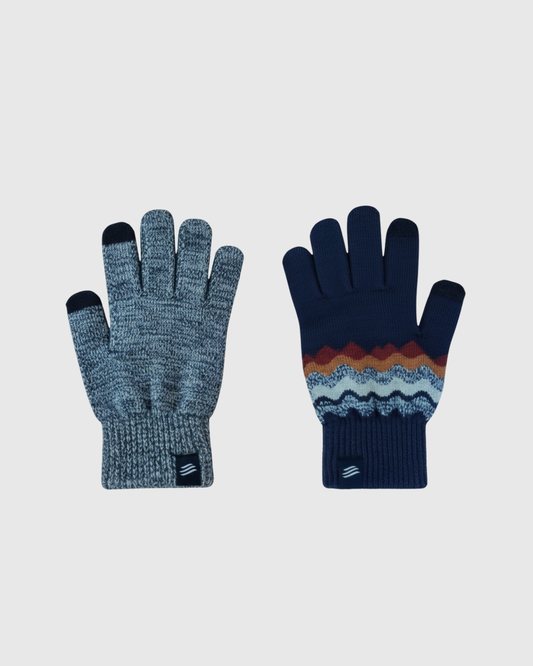 Navy THE MERINO WOOL MOUNTAIN AND MARLED KNIT GLOVE 2 PACK (Flat-lay): Two knit gloves: marled gray and navy with zigzag stripe pattern
