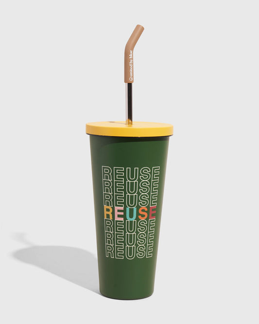 Pine - REUSE 24 oz Insulated Steel Straw Tumbler (Front): Dark green tumbler with yellow lid, metal straw, and repeated REUSE text