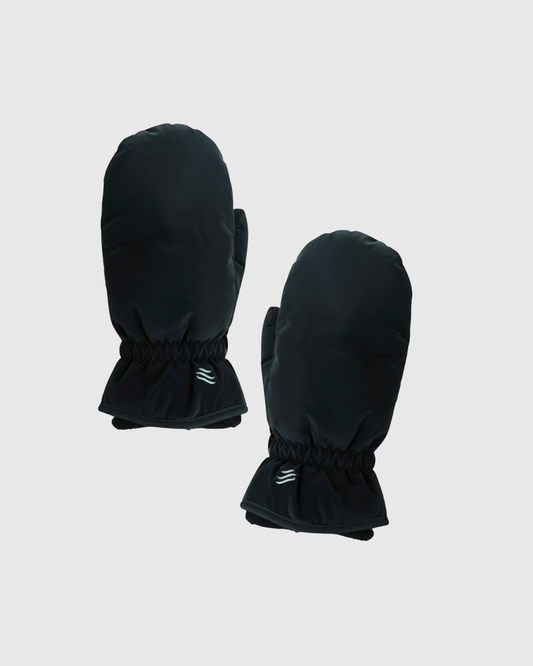 Black THE EXTREME WEATHER 2 PACK WATERPROOF PLUSH LINED MITTEN AND KNIT GLOVE 2 PACK (Angle): Pair of black puffer mittens with elastic wrists and small logo
