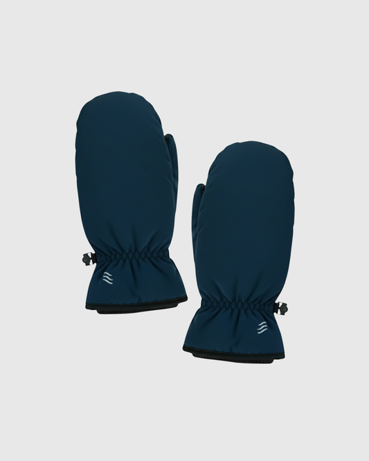 Navy THE EXTREME WEATHER 2 PACK WATERPROOF PLUSH LINED MITTEN AND KNIT GLOVE 2 PACK (Angle): Pair of dark teal mittens with elastic cuffs and toggle adjusters