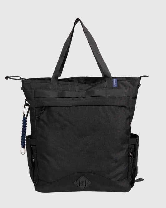 Black (R)evolution™ 25L Convertible Carryall (Front): Black tote with top handles, front zipper pocket, mesh side pocket, carabiner clip