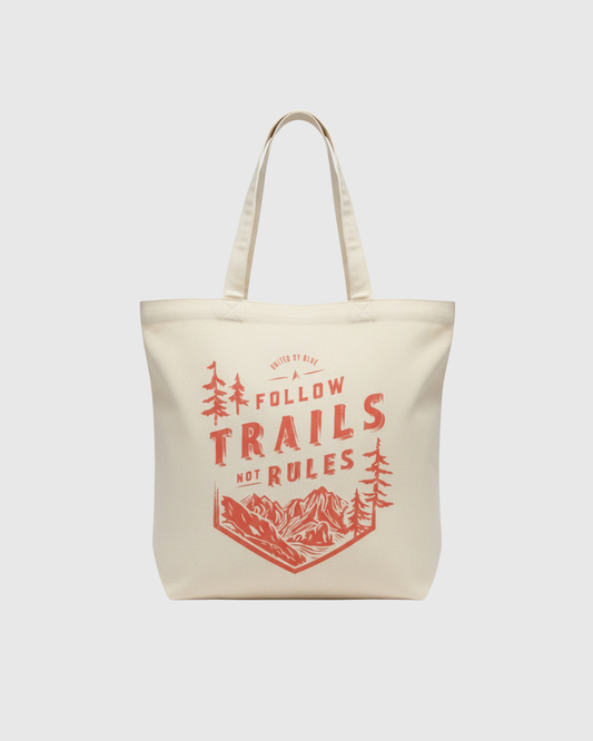 Follow Trails Not Rules My Favorite Daily Tote (Front): Cream canvas tote with red mountain and pine tree graphic print