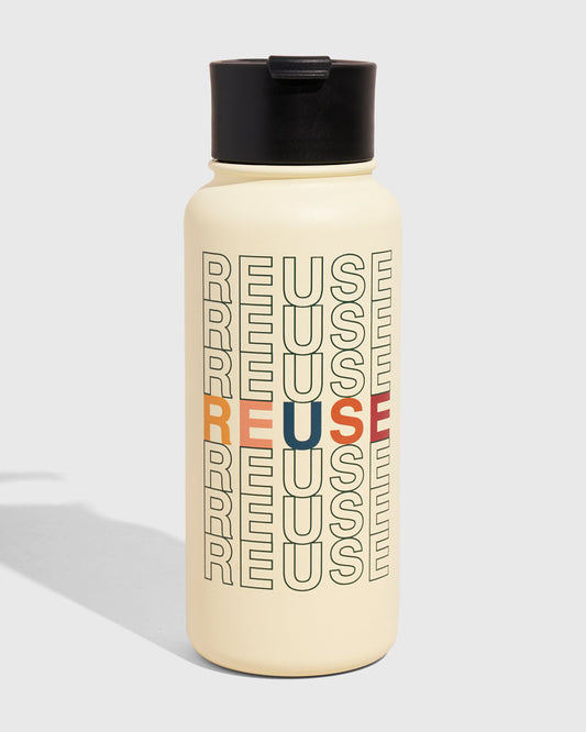 Eggshell - Reuse Bottle - 32 Oz. Insulated Stainless Steel (Front): Cream insulated bottle with black lid, repeating 'REUSE' text pattern in multicolor