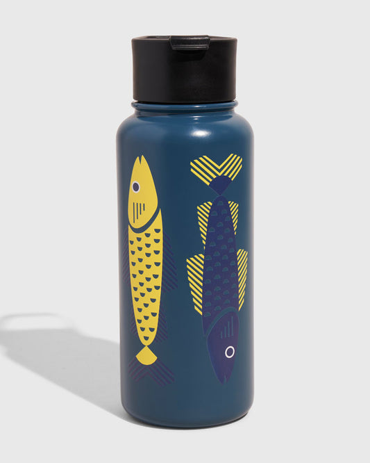 Rainstorm - Fish Bottle - 32 Oz. Insulated Stainless Steel (Angle): Dark teal bottle with yellow and navy geometric fish illustrations, black lid