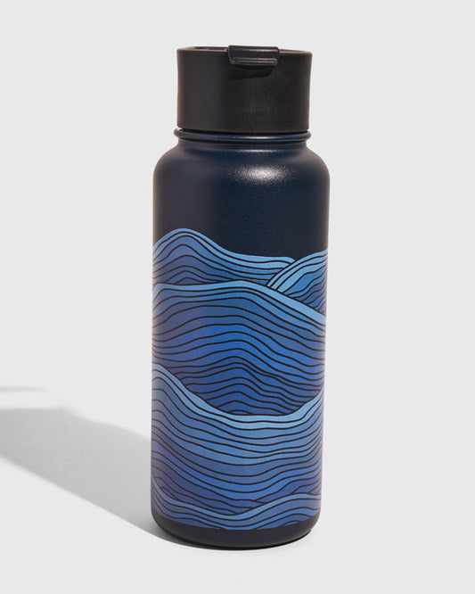 Lake - Waves Bottle - 32 Oz. Insulated Stainless Steel (Front): Dark navy insulated bottle with blue wave pattern wrapping lower half, black lid