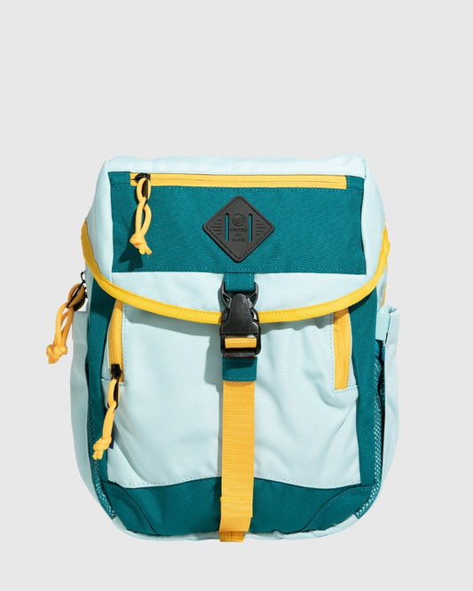 Teal (R)evolution™ 9L Sidekick (Front): Light blue and teal backpack with yellow straps, buckle closure, and logo patch