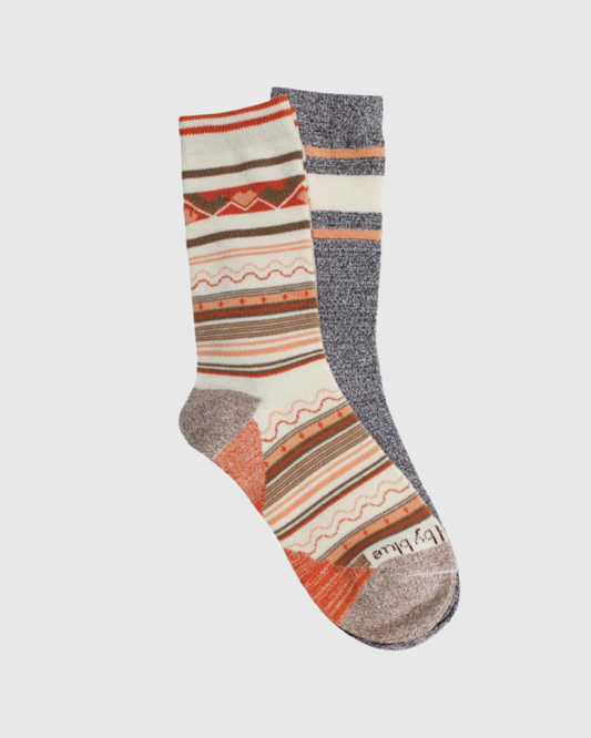 S/M The Soft Hemp Aztec Crew Sock - 2 Pack (Angle): Two mismatched crew socks: cream Aztec-striped and heathered gray with orange stripes