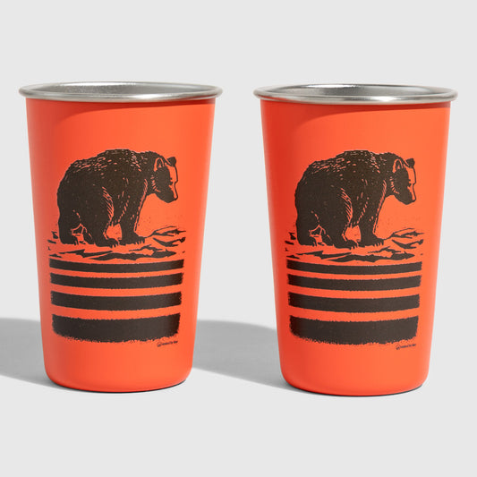 Orange Bears 16OZ STAINLESS STEEL TUMBLERS (Front): Two orange stainless steel cups with dark brown bear graphic and stripes