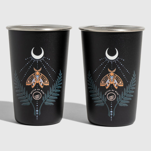 Lunar Moth 16OZ STAINLESS STEEL TUMBLERS (Front): Two black stainless steel cups with moth, crescent moon, and fern print