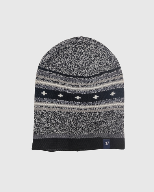 Black Merino Wool Slouchy Modern Fair Isle Beanie (Flat-lay): Dark knit beanie with Fair Isle stripe pattern and small cross motifs