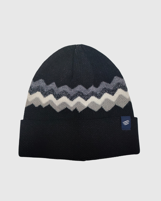 Black Merino Wool Mountain Scape Knit Beanie (Front): Dark navy knit beanie with zigzag mountain pattern in grey and cream
