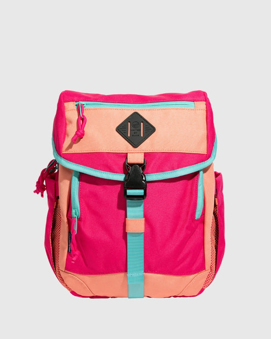 Pink (R)evolution™ 9L Sidekick (Front): Hot pink and peach backpack with teal trim, buckle strap, front pockets