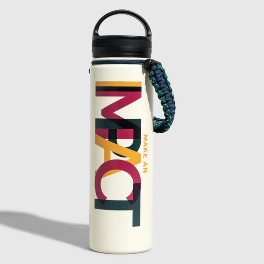 Make An Impact Bottle - 22 Oz. Insulated Stainless Steel (Angle): Cream bottle with multicolor stacked text graphic and braided paracord handle