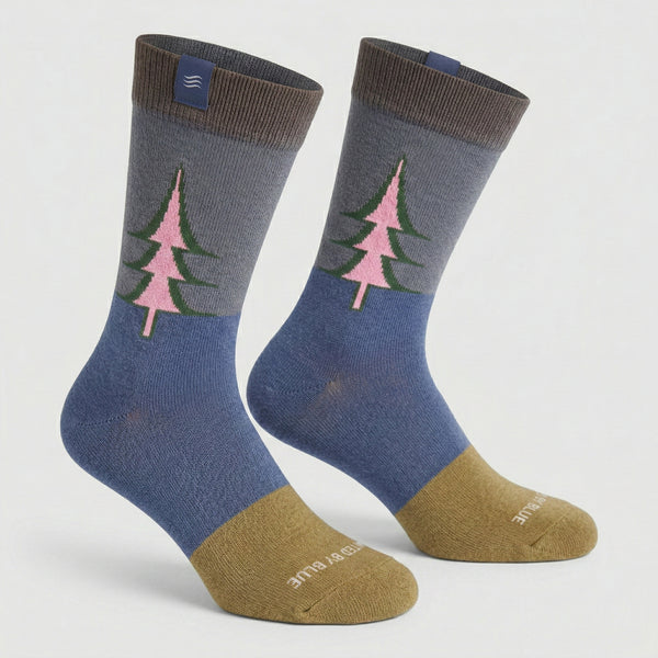 Blue Steel IMPACT COLLECTION - Hemp Blend Socks (Angle): Crew socks with pink pine tree print, blue body, tan toe