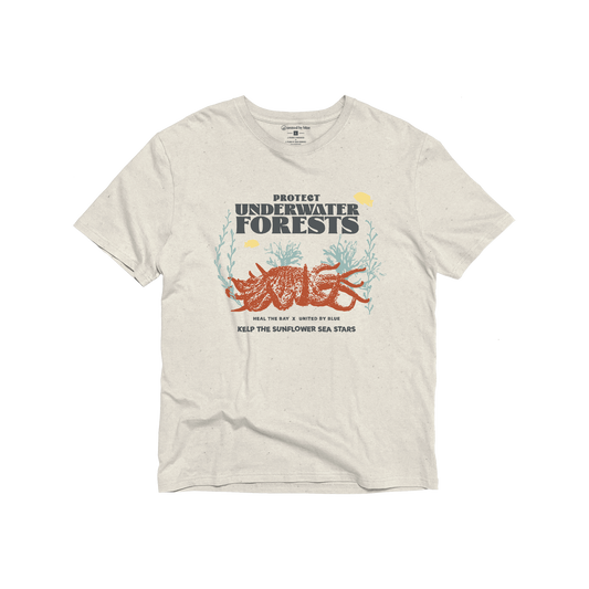 XS Heal the Bay x UBB Protect Our Underwater Forests - Graphic Tee - (All-gender) (Flat-lay): Cream tee with coral sea stars, teal seaweed, and conservation text graphic