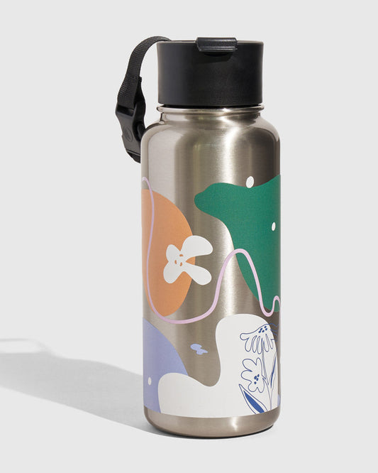 Illuminate Bottle - 32 Oz. Insulated Stainless Steel (Angle): Silver stainless bottle with abstract green, orange, purple, white shapes, black lid