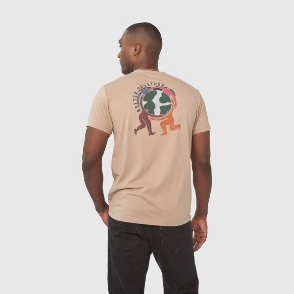 Ash Better Together Graphic Tee (Back): Sand-colored tee, back graphic of figures holding globe, 'Better Together' text