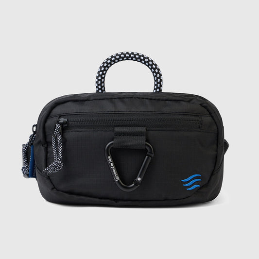 Black (Re) Active Bum Bag (Front): Black bag with front zipper, carabiner clip, rope handle, and blue wave logo