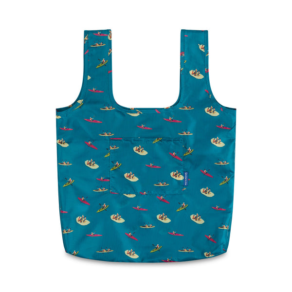 Teal The Packable Tote (Front): Teal packable tote with kayak print, two long straps, and front patch pocket