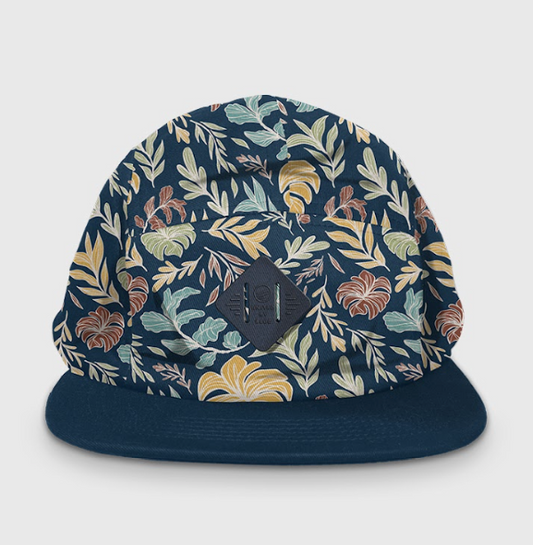 Navy Plants Organic 5-Panel Hat (Front): Navy floral five-panel cap with diamond logo patch on front panel