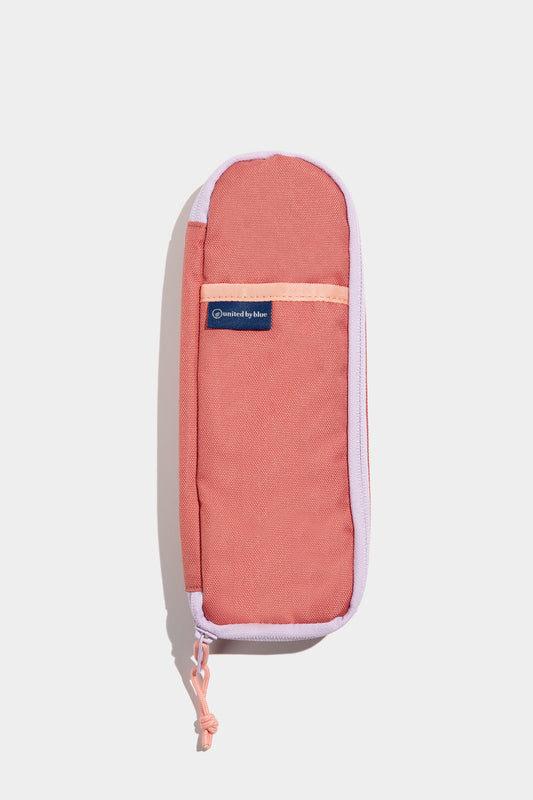 Mauve The Utensil Pack - Perfect for Packed Lunches (Flat-lay): Coral canvas pouch with lavender zipper trim, peach strap, and navy logo patch