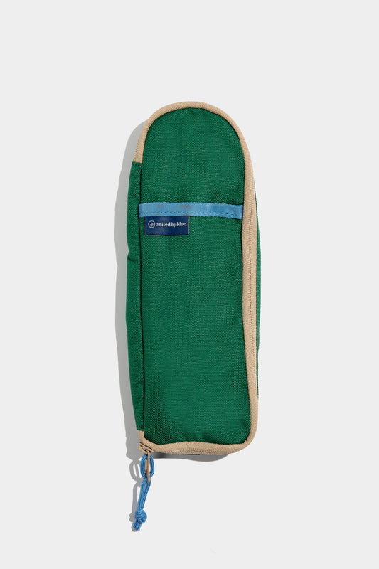 Pine The Utensil Pack - Perfect for Packed Lunches (Front): Green canvas case with tan trim, blue handle, and zipper pull