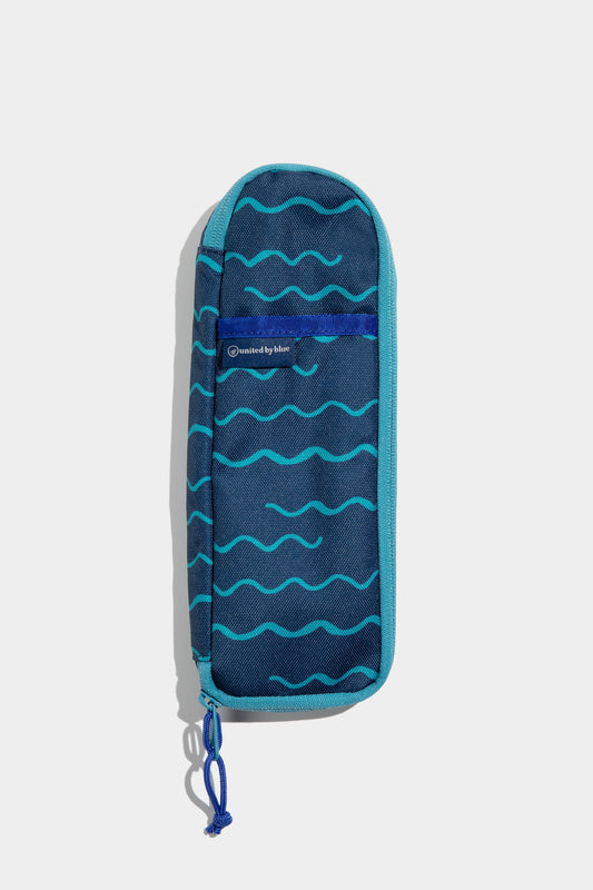 Navy - Geo Waves The Utensil Pack - Perfect for Packed Lunches (Front): Navy blue zippered case with teal wave pattern and small logo label