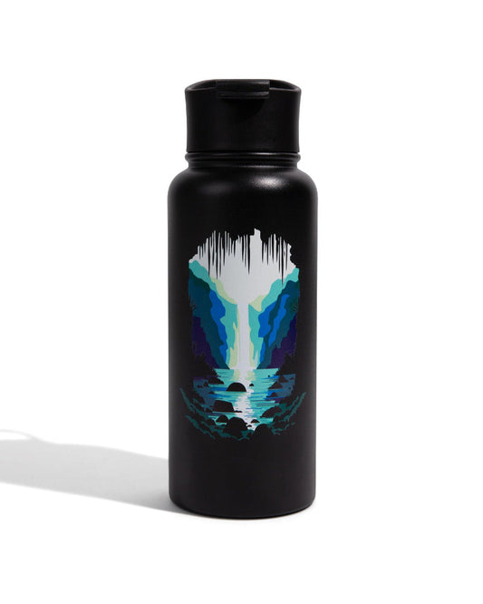 Rocky Waterfall Bottle - 32 Oz. Insulated Stainless Steel (Front): Matte black bottle with circular waterfall cave scene in blue tones