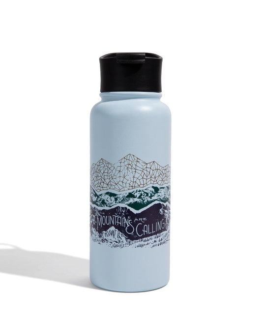 Mountains Are Calling Bottle - 32 Oz. Insulated Stainless Steel (Front): Light blue insulated bottle with black lid and mountain landscape graphic wrap