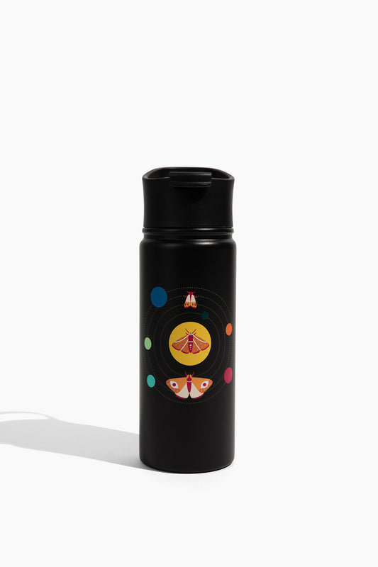 Butterfly Galaxy Bottle - 18 Oz. Insulated Stainless Steel (Angle): Matte black bottle with moth and solar system graphic, black lid