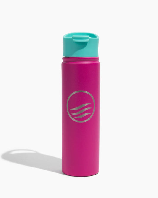 Neon Pink Bottle - 22 Oz. Insulated Stainless Steel (Front): Tall magenta bottle with teal flip-top lid and silver wave logo