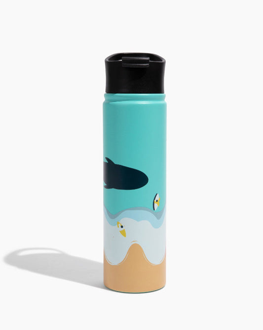 Beach Day Bottle - 22 Oz. Insulated Stainless Steel (Front): Teal insulated bottle with whale, seagulls, waves, and sandy beach illustration