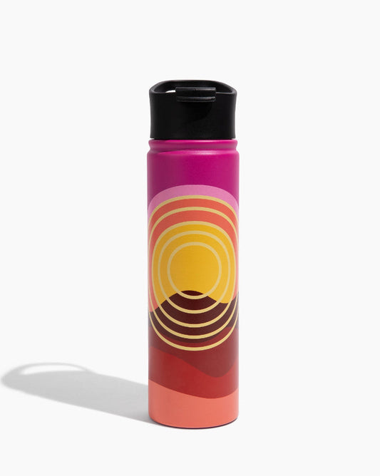 Sunset Mountain Bottle - 22 Oz. Insulated Stainless Steel (Front): Tall stainless bottle, magenta-to-coral gradient, concentric sunset circle graphic, black lid