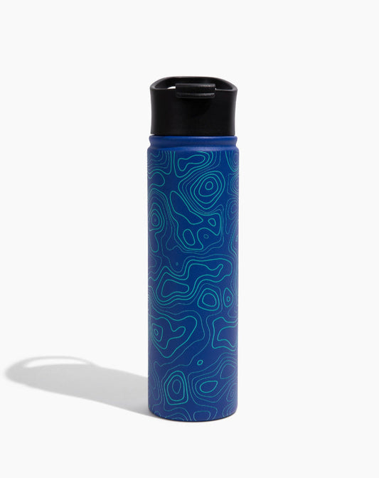 Topography Bottle - 22 Oz. Insulated Stainless Steel (Front): Dark blue cylindrical bottle with teal topographic line pattern and black lid