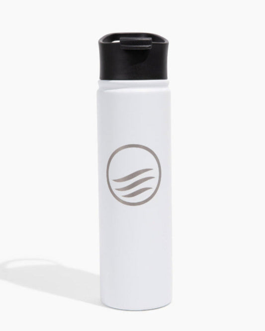White Bottle - 22 Oz. Insulated Stainless Steel (Front): White cylindrical bottle with black flip-top lid and circular wave logo