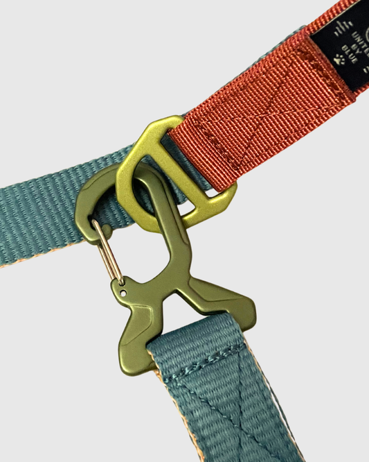 Terracotta (R)evolution™ Recycled Woven Dog Leash (Detail): Gold metal clip hook attaching teal and terracotta nylon webbing straps