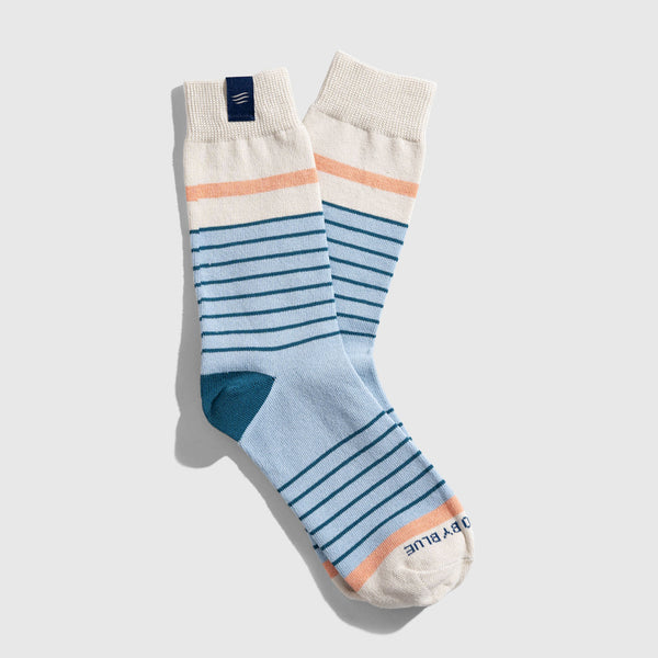 Aqua Stripe IMPACT COLLECTION - Hemp Blend Socks (Flat-lay): Crew socks with cream cuff, peach stripe, light blue body, teal heel