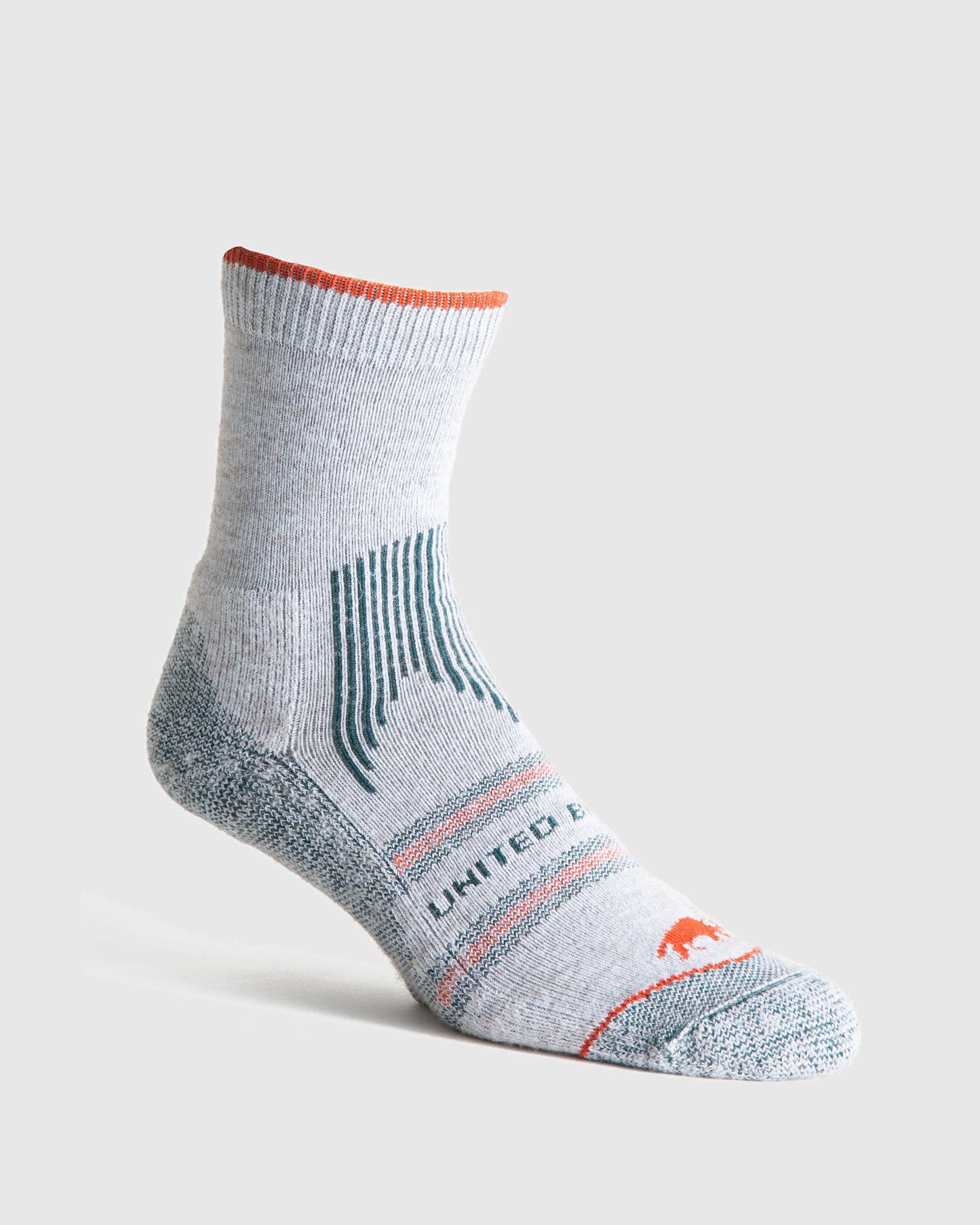 Bison Wool Trail Sock (Angle): Light grey crew sock with teal stripes, orange trim, and bear logo