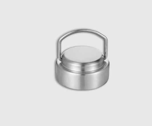 Stainless Steel Replacement Water Bottle Lid - Stainless Steel (Angle): Cylindrical silver lid with raised center disc and wire bail handle