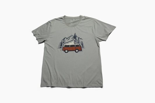 LIMESTONE Adventure Van Graphic Crew (Flat-lay): Sage green crew neck tee with rust-colored vintage camper van graphic, mountains, trees