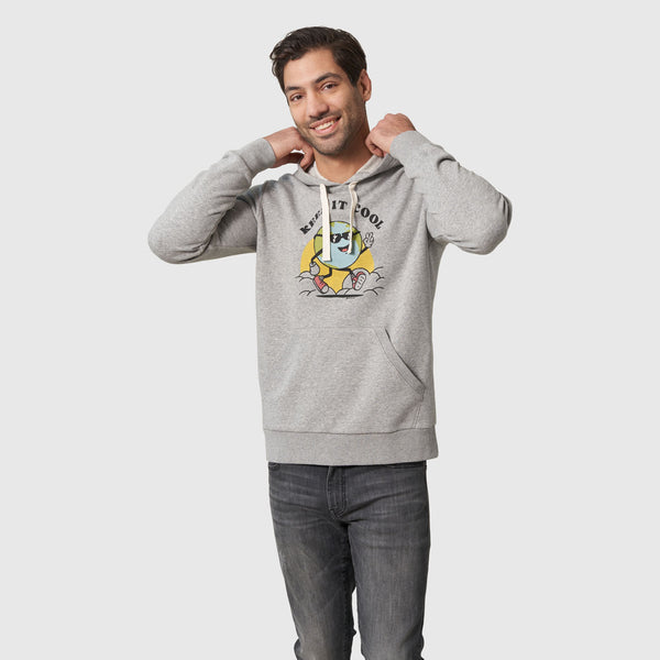 Heather Grey Keep It Cool Dude Graphic Hoodie (In-use): Smiling man wearing grey hoodie with 'Keep It Cool' globe graphic, hands raised