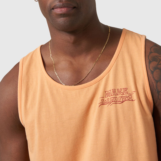 Make Waves Papaya Graphic Tank (Detail): Peach sleeveless top with red Make Waves chest graphic, gold chain necklace visible