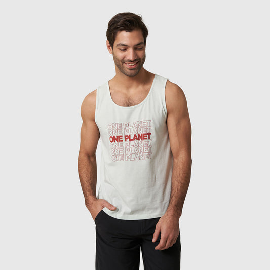 One Planet Light Aqua Graphic Tank (In-use): Man wearing light aqua sleeveless tank with repeated red ONE PLANET text graphic